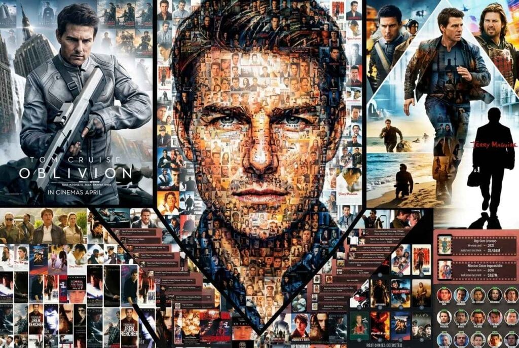 Collage representing Tom Cruise's movie career from Top Gun to Mission Impossible