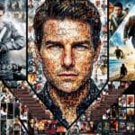 Collage representing Tom Cruise's movie career from Top Gun to Mission Impossible