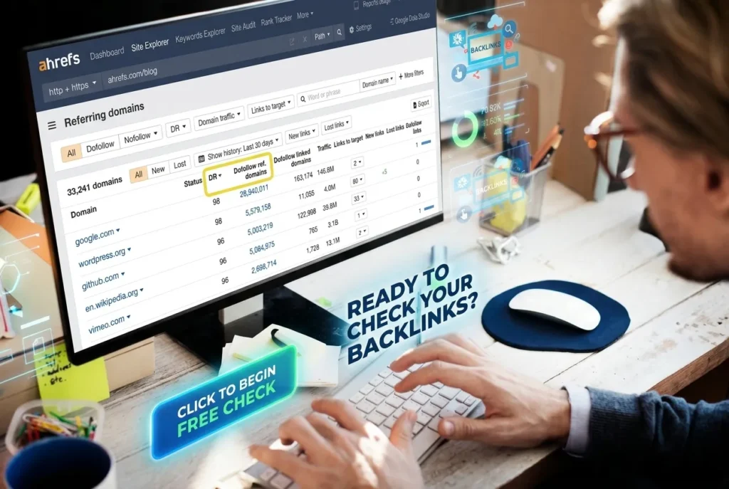 Ahrefs Backlink Checker dashboard showing domain rating and referring domains