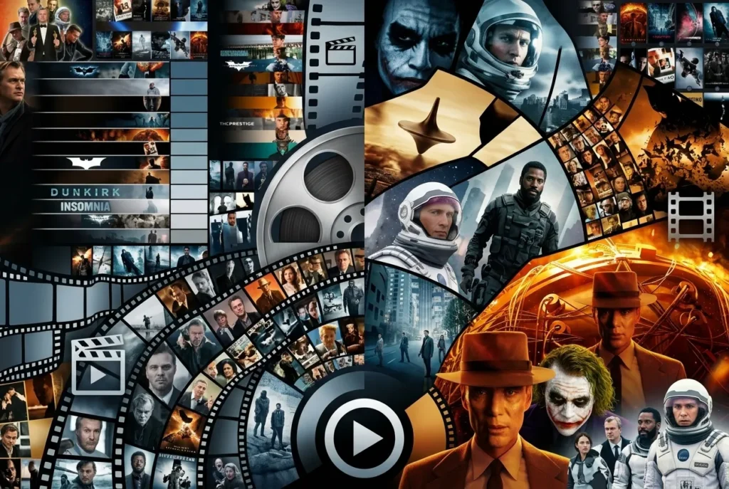 Christopher Nolan movies poster collage including Oppenheimer, Inception, The Dark Knight and The Odyssey