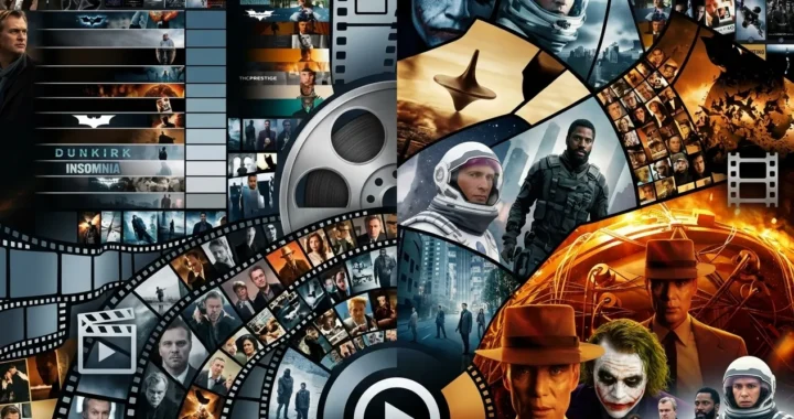 Christopher Nolan movies poster collage including Oppenheimer, Inception, The Dark Knight and The Odyssey