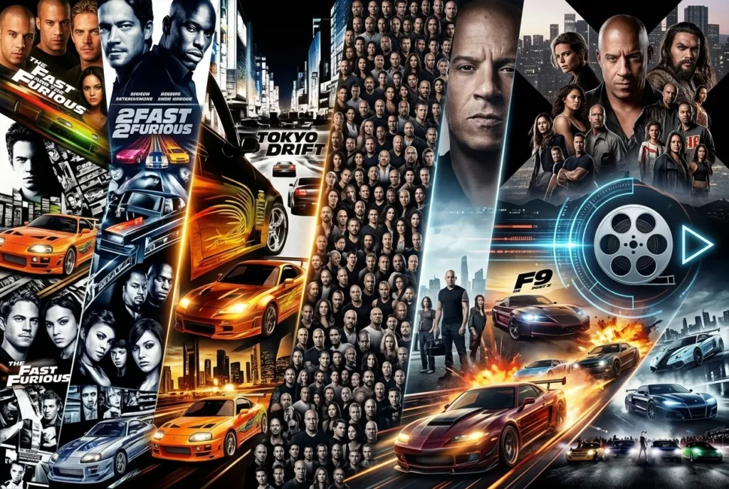 Fast and Furious movies in order poster collage showing the full film timeline