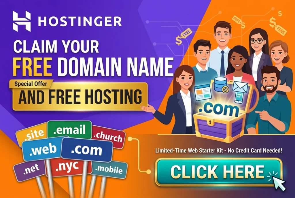 Free domain and hosting guide showing a website setup with a free domain name