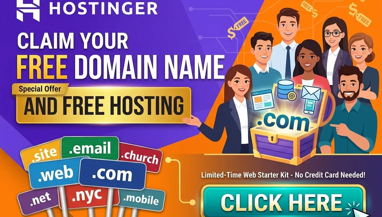 Free domain and hosting guide showing a website setup with a free domain name
