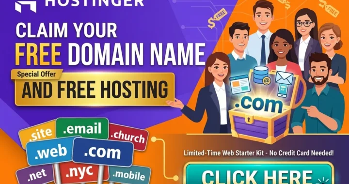 Free domain and hosting guide showing a website setup with a free domain name