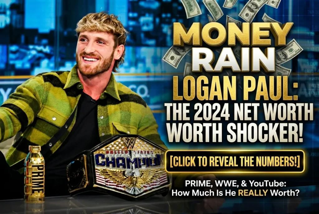 Logan Paul net worth infographic showing Prime, WWE and YouTube income