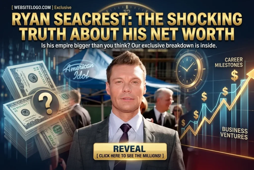 Ryan Seacrest hosting on stage, net worth breakdown graphic
