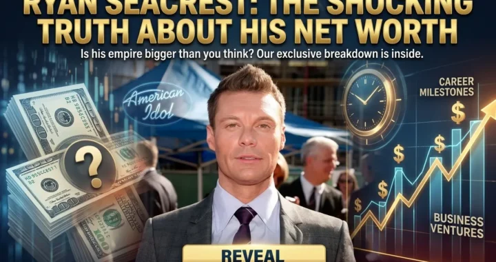 Ryan Seacrest hosting on stage, net worth breakdown graphic