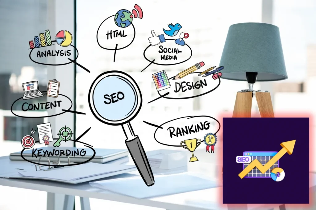 Person analyzing search engine optimization data and keyword rankings on a laptop dashboard