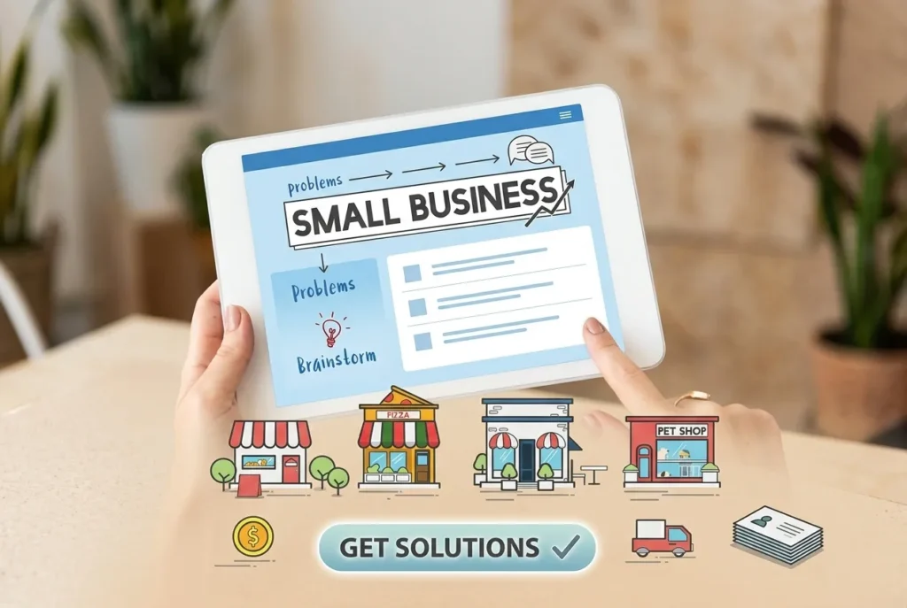 Small business owner working at a counter in their shop with a laptop and notebook