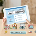 Small business owner working at a counter in their shop with a laptop and notebook