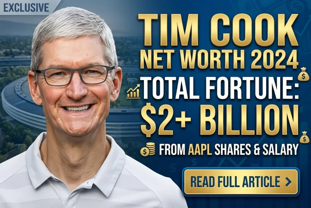 Tim Cook net worth infographic showing Apple salary, stock holdings and total wealth