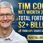Tim Cook net worth infographic showing Apple salary, stock holdings and total wealth
