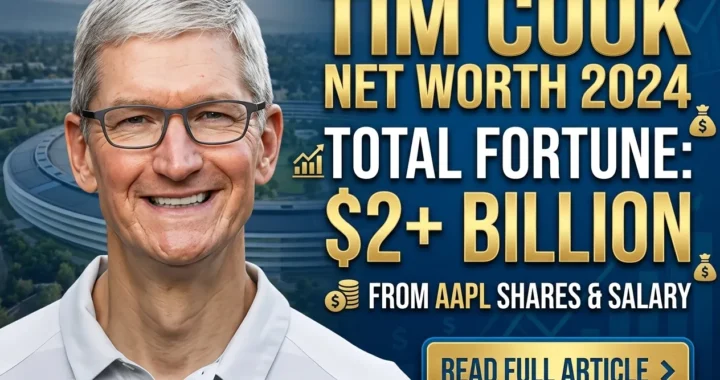 Tim Cook net worth infographic showing Apple salary, stock holdings and total wealth